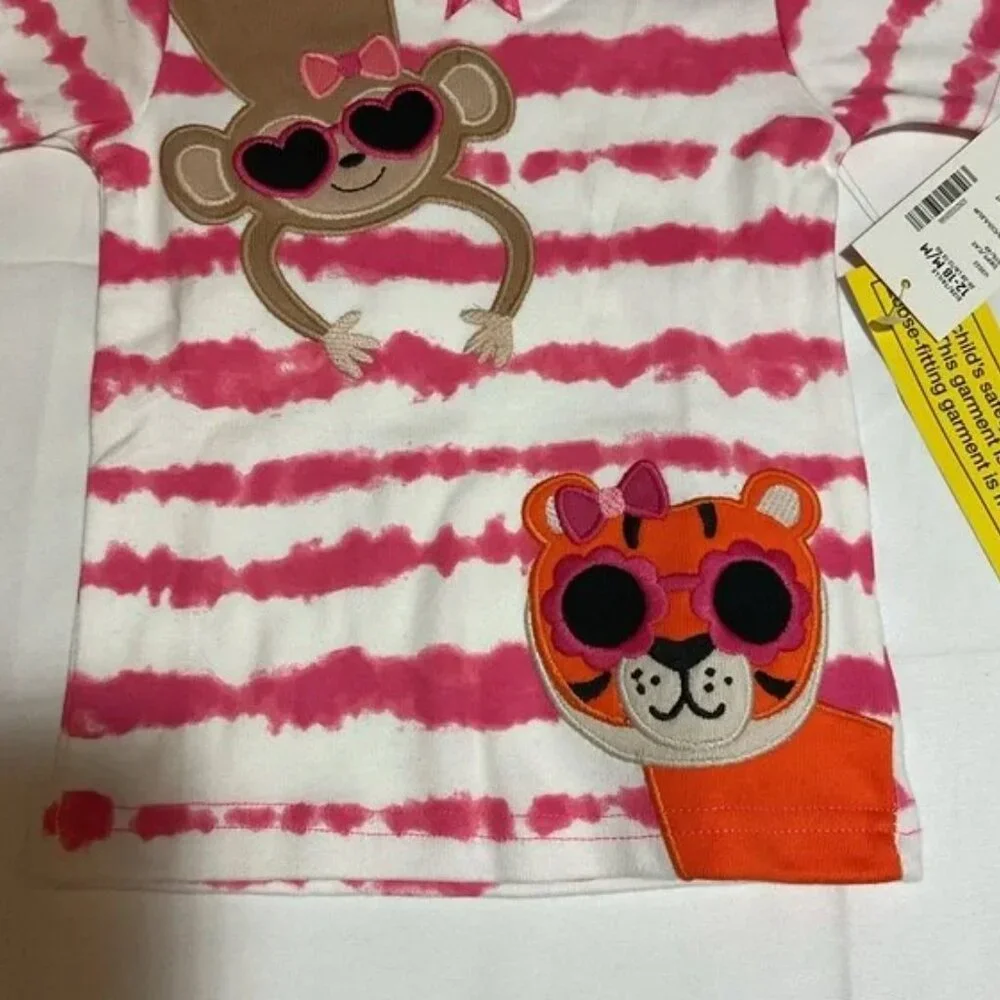 Gymboree Girls 12-18 Months White Pink Monkey Tiger Striped Short Sleeve Pajamas